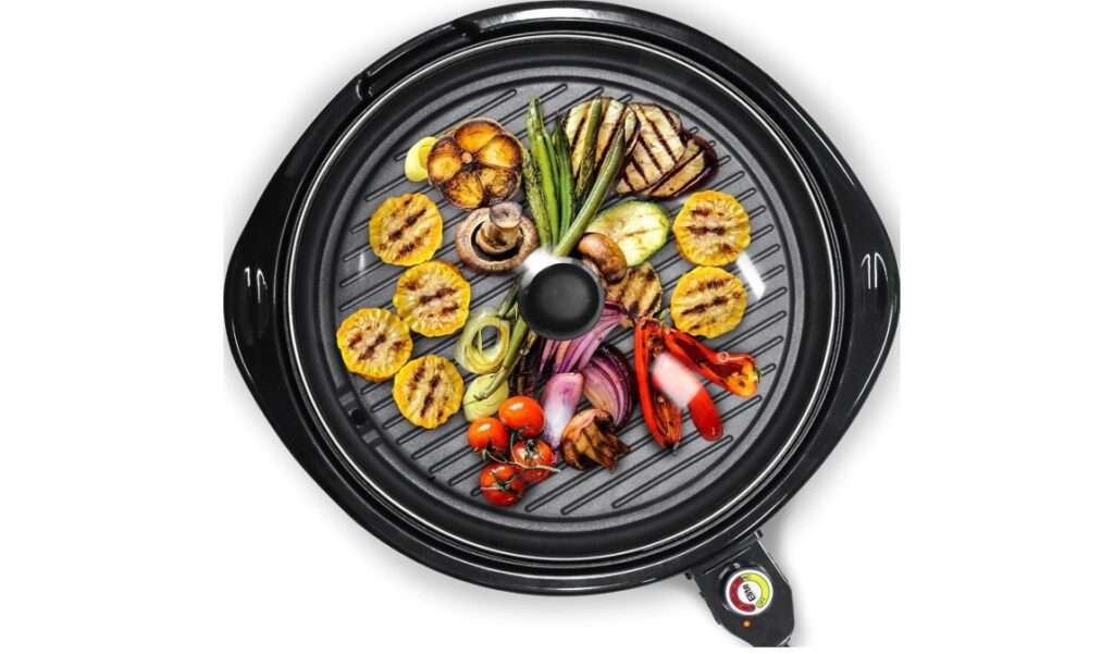 Elite Gourmet EMG-980B Smokeless Electric Tabletop Grill Nonstick, 6-Serving, Dishwasher Safe Removable Grilling Plate, Grill Indoor, Tempered Glass Lid, Adjustable Temperature, 14" Black 