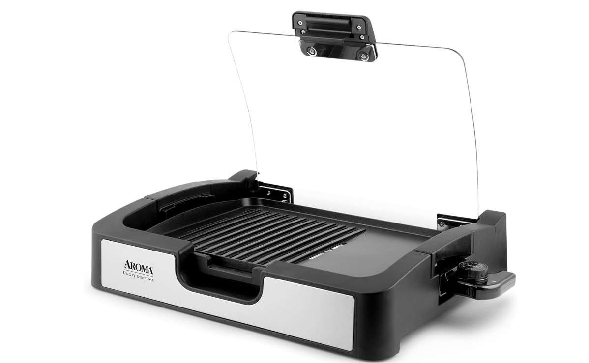 Aroma Housewares AHG-2620 Smokeless Indoor Use Electric, Compact and Portable Grill Grate and Griddle Plate Removable Kitchen Tabletop, Backyard NonStick Cooking, 17x13 inch, black
