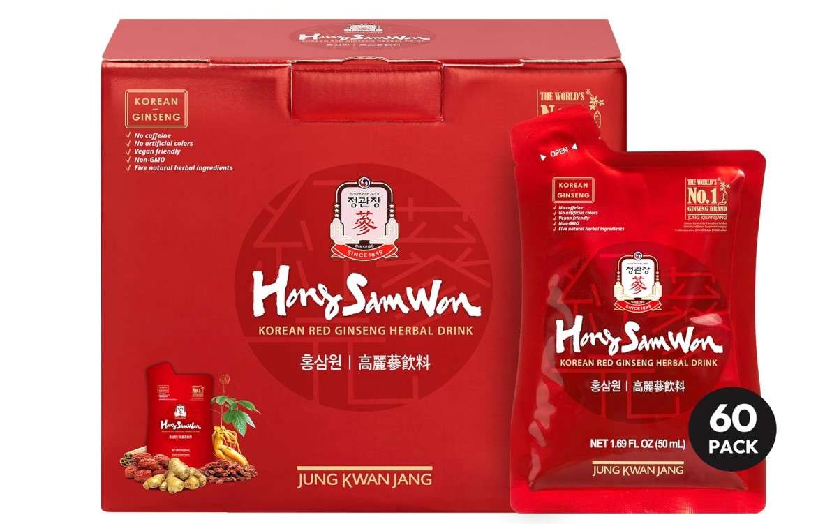HongSamWon - Korean Red Ginseng Tea, Pre and Post Workout Herbal Energy Drink with Jujube, Cinnamon Ginger & Goji Berry - Caffeine Free, Non-GMO (60 Pouches, 1.69 fl oz) 