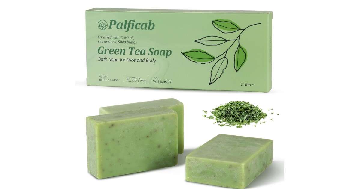 Green Tea Soap Bar for Acne & Dry Skin, Natural Antioxidant Cleanser, Vegan Soap for Hydrating & Nourishing Skin, Bath Soap Bar for Men with Green Tea Leaves, Coconut Oil, Shea Butter, 3 Bars
