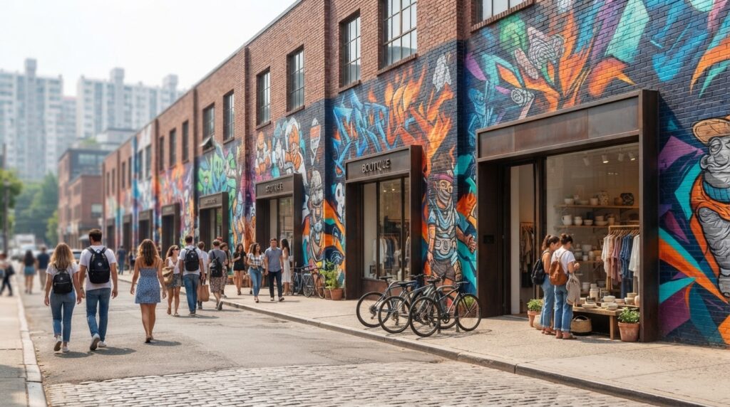Vibrant Seongsu street lined with colorful graffiti murals and boutiques