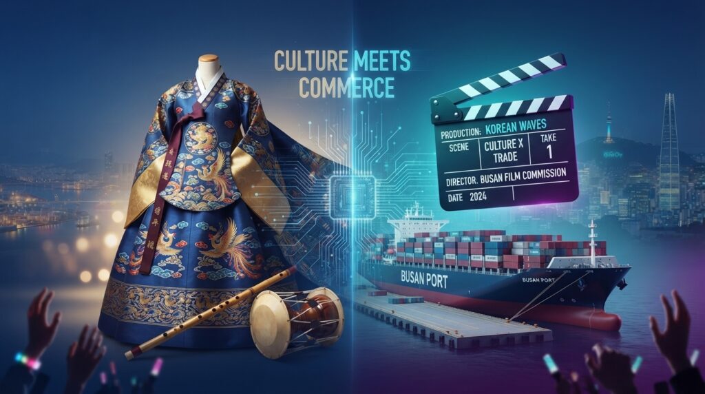 Collage-style scene blending hanbok, K-drama sets, cargo ships, and semiconductor chips