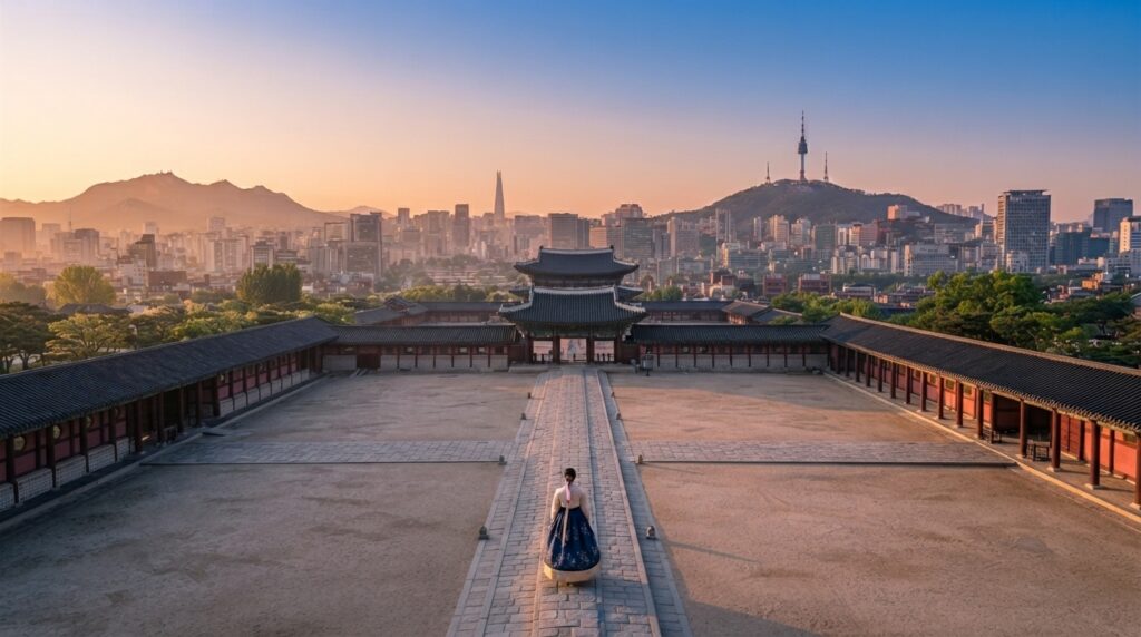 Person in hanbok walking through Gyeongbokgung Palace at sunrise