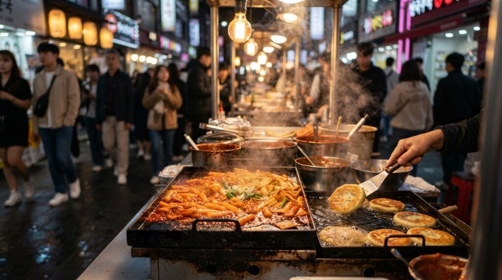 Street food stalls at Myeongdong night market, Seoul