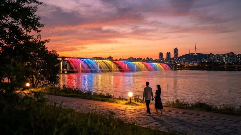 Han River sunset with Banpo Bridge rainbow fountain