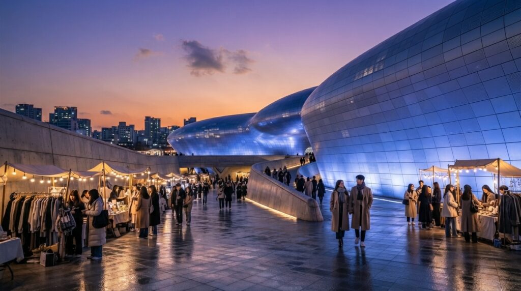 Dongdaemun Design Plaza with fashion shoppers at dusk