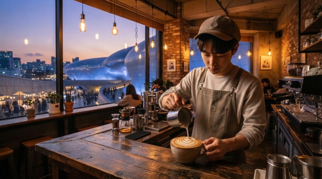 Barista preparing dalgona coffee in a Seoul cafe