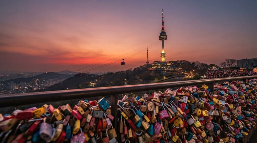 Love locks at Namsan Tower with Seoul cityscape