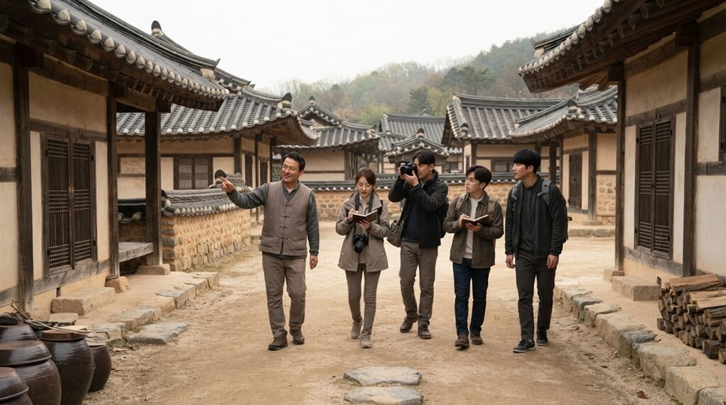 Tour group exploring a K-drama filming location in Seoul