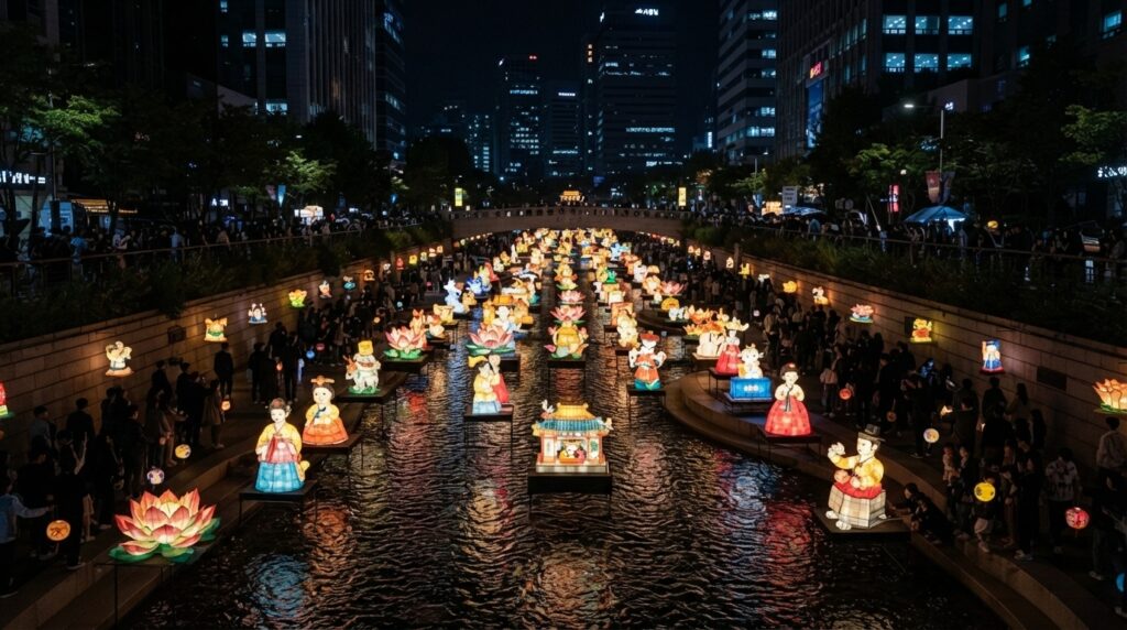 Colorful lanterns at the Seoul Lantern Festival on Cheonggyecheon Stream