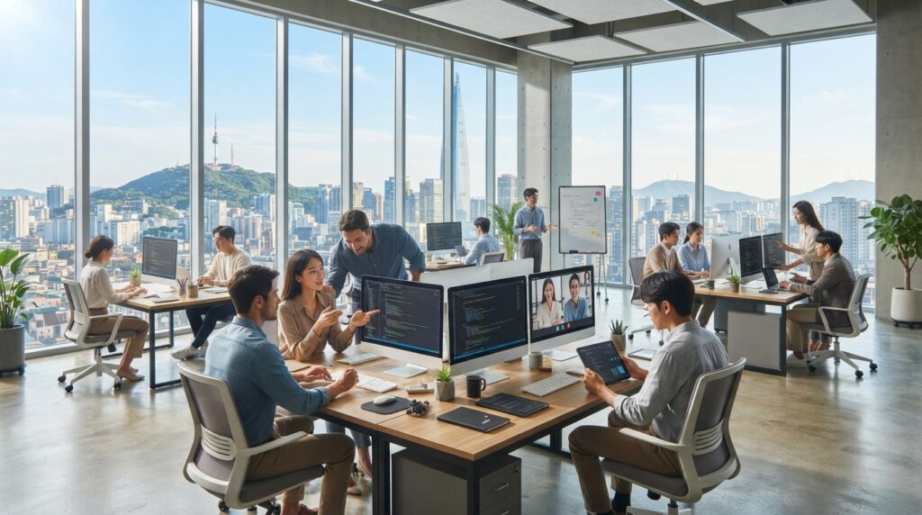 Tech professionals working in a modern Seoul office highlighting the IT industry