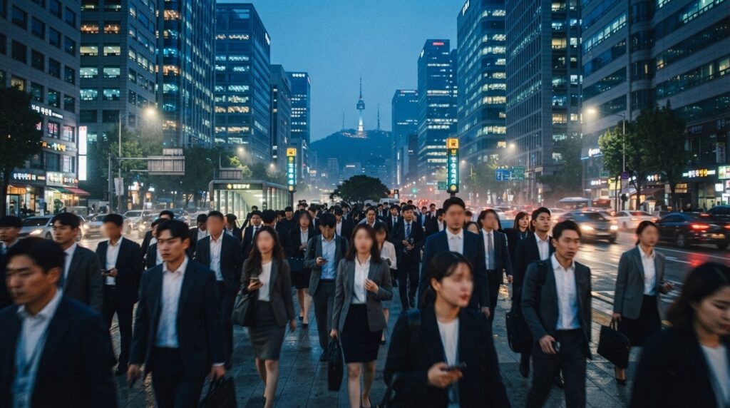 Korean office workers reflecting South Korea's work culture and salary expectations