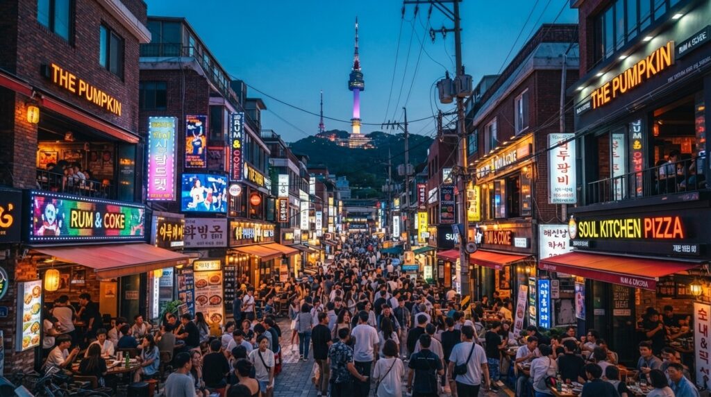 Bustling Itaewon street with diverse restaurants and N Seoul Tower in the distance