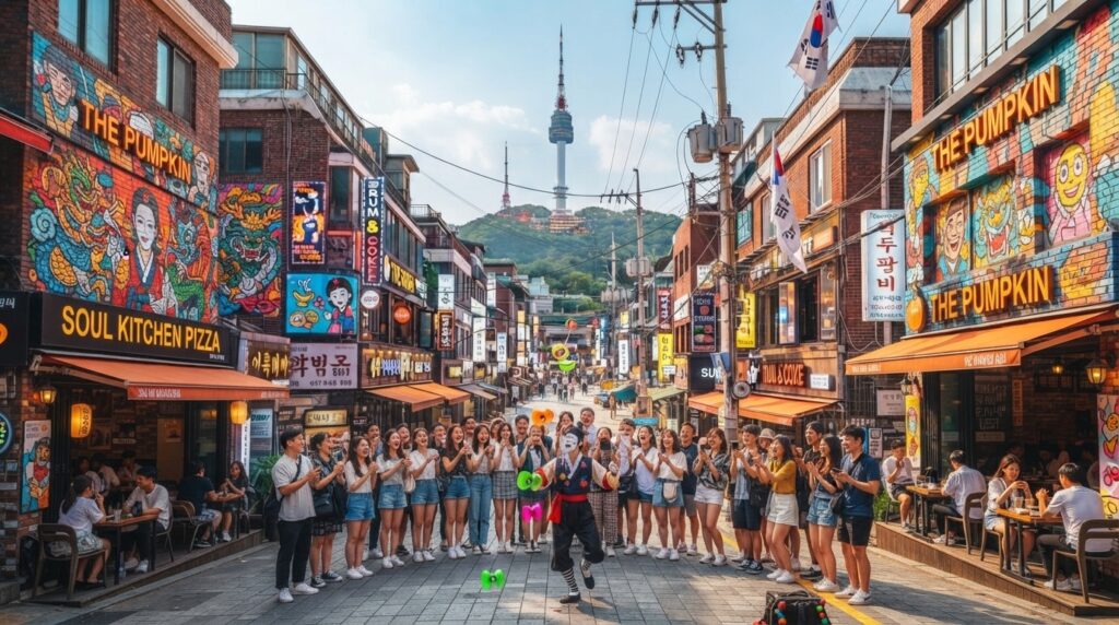Lively Hongdae street featuring colorful street