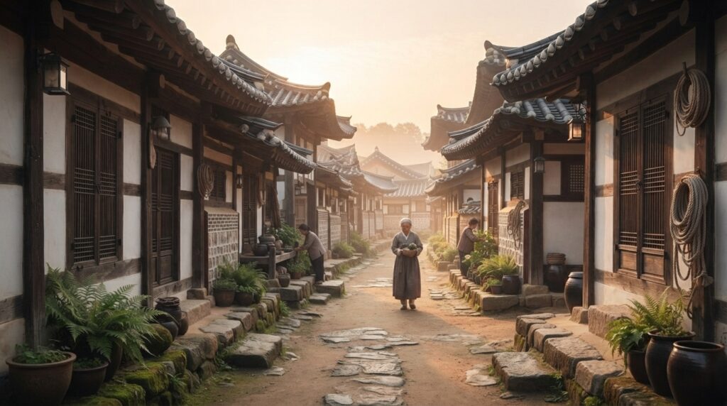 Serene alley in Bukchon Hanok Village lined with traditional houses