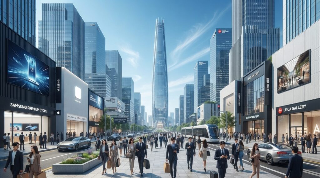 Modern Gangnam skyline featuring sleek skyscrapers and shopping centers
