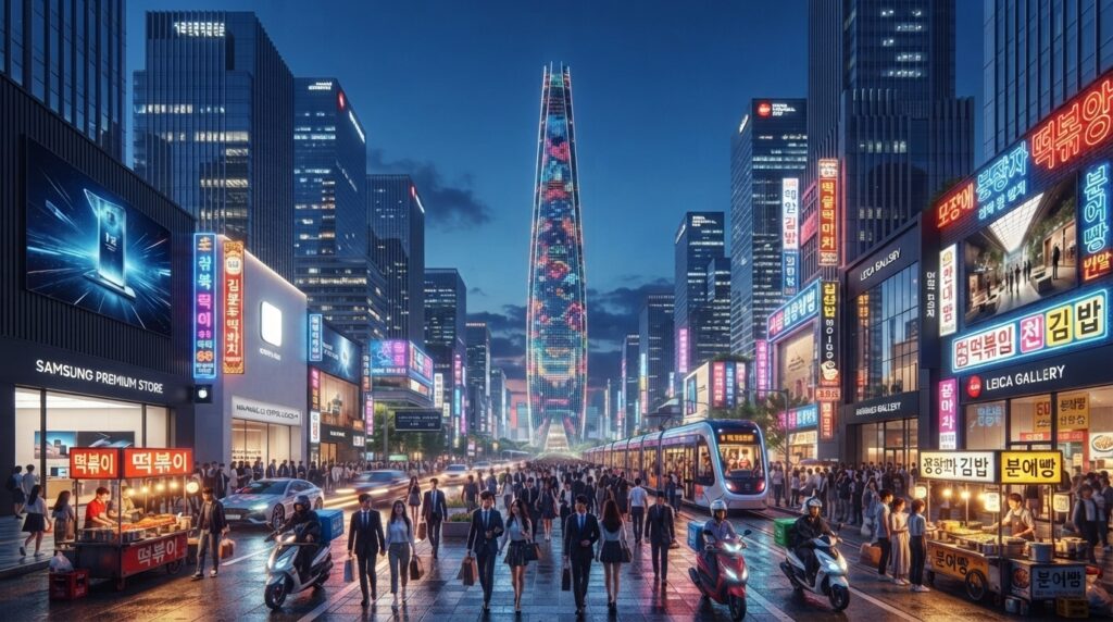 Crowded Myeongdong street filled with shops and street food stalls