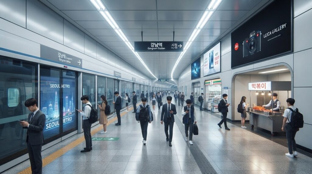 Seoul subway station showing commuters using transit cards