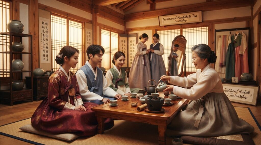 Cultural workshop showing traditional hanbok and tea ceremony practice