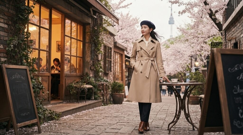 Person in a navy beret and trench coat, K-drama romantic style