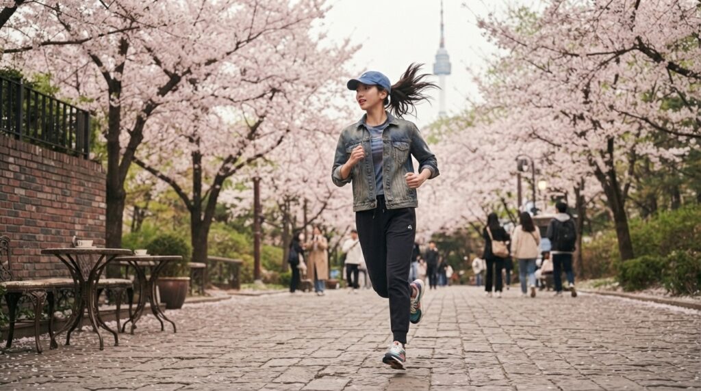 Person in a baseball cap and denim jacket, sporty K-drama look