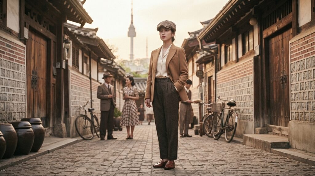 Person in a newsboy cap and blazer, retro K-drama fashion