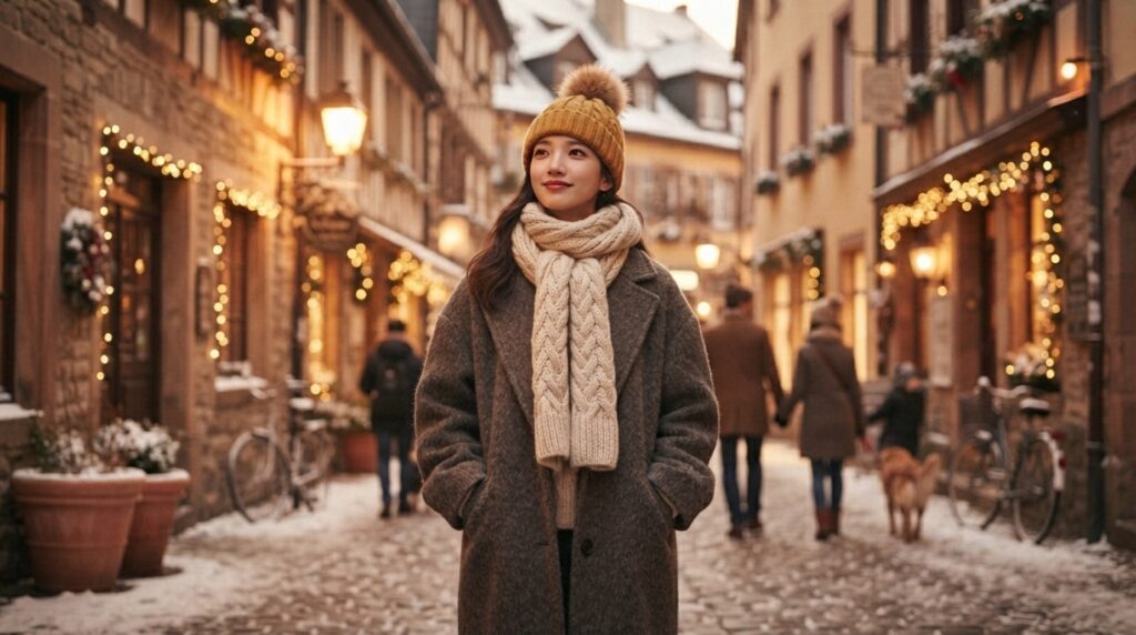 Person in a cozy knit beanie, winter K-drama style
