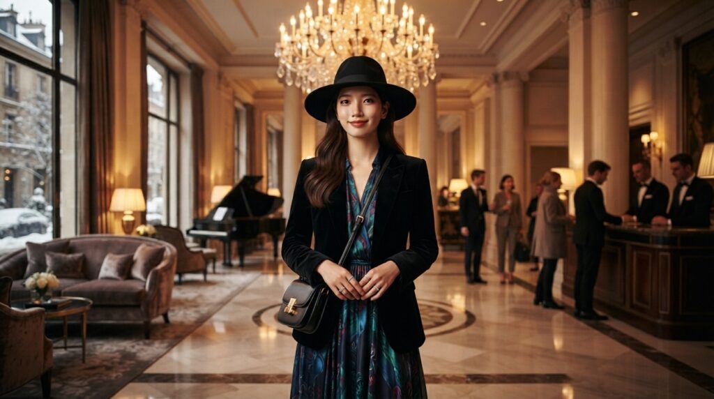 Person in a wide-brim hat and maxi dress, glamorous K-drama look