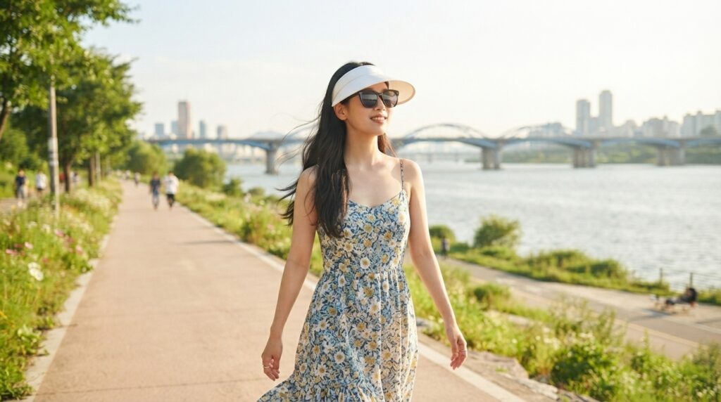 Person in a visor by the Han River, summer K-drama style