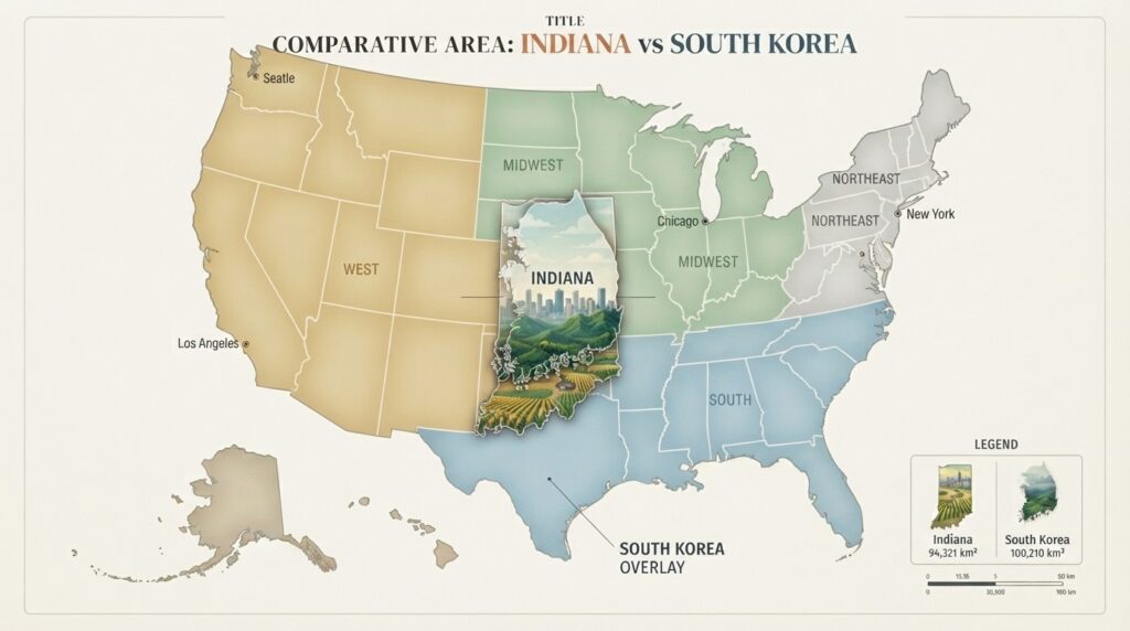 Map comparing South Korea size to Indiana within the United States