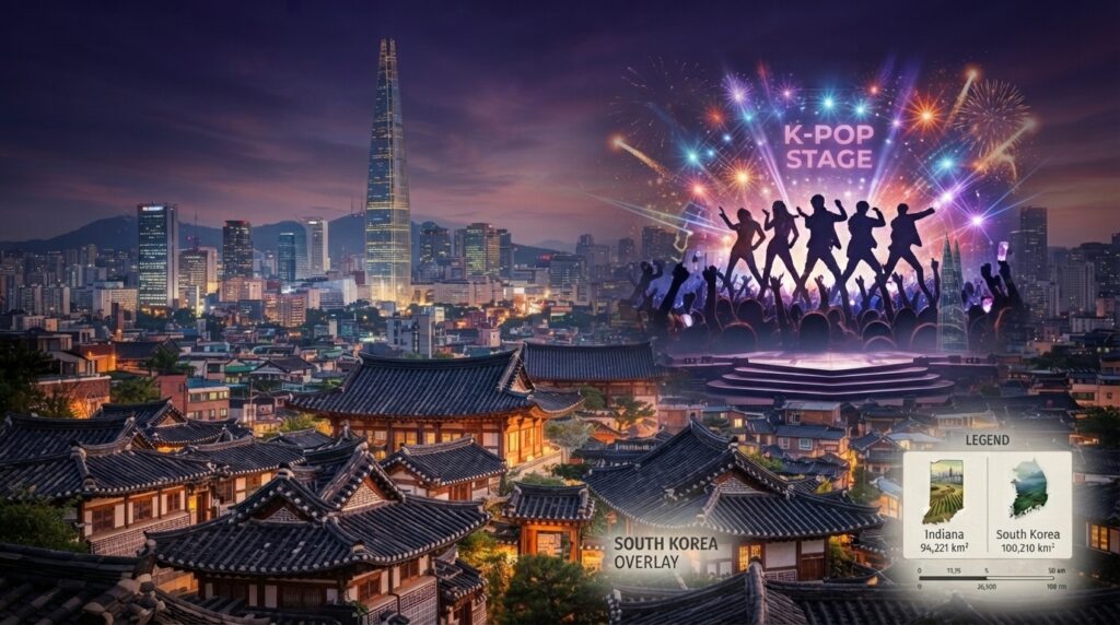 A vibrant Seoul cityscape at dusk with modern skyscrapers, layered against a silhouette of a K-pop stage performance with dynamic stage lighting and a crowd, blending traditional hanok rooftops in the foreground for cultural contrast