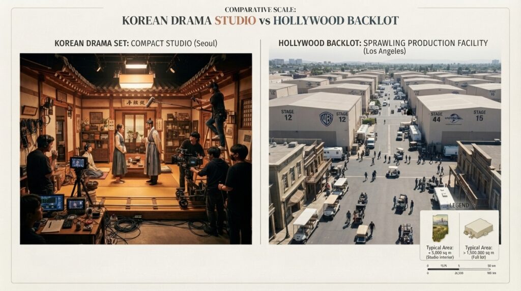 Split screen comparing Korean drama set and Hollywood studio