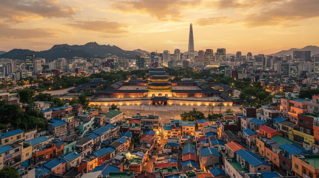 Gyeongbokgung Palace and Gamcheon Village with Seoul skyline at sunset