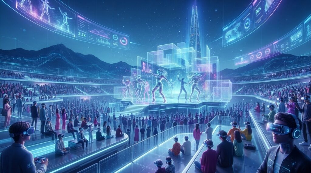 Futuristic holographic K-pop concert with global virtual audience