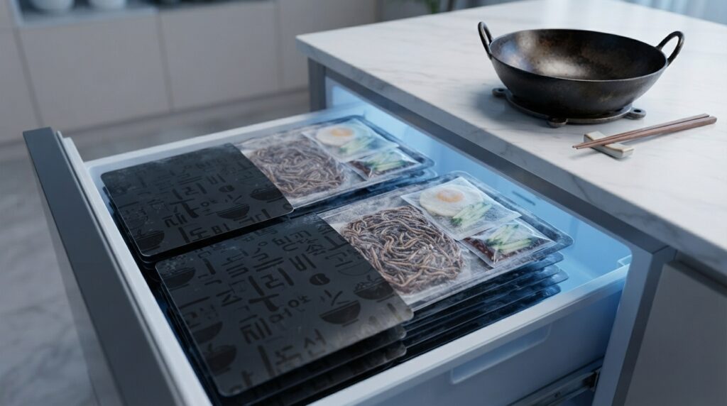 Freezer stocked with Korean frozen noodle packages ready to cook