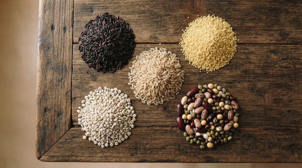 Assorted colorful grains used in traditional Korean 5 grain rice