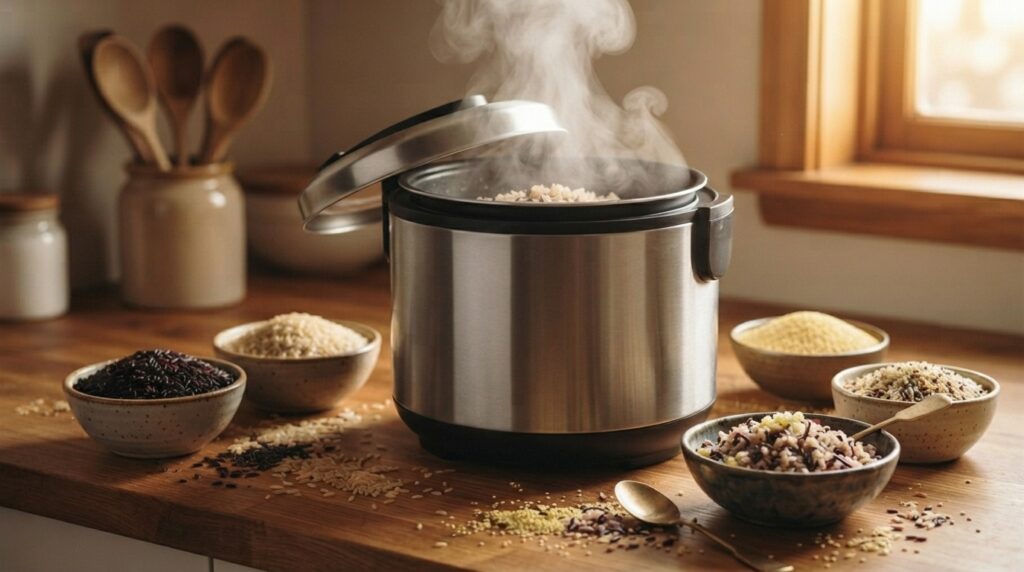 Rice cooker preparing rice in a modern Korean kitchen