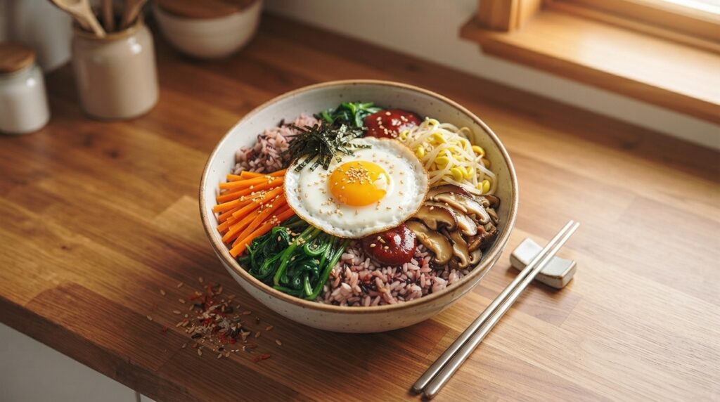 Vibrant bibimbap bowl made with rice and colorful vegetables
