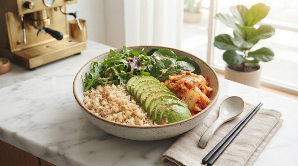 Modern fusion rice bowl with avocado, kimchi, and sesame dressing