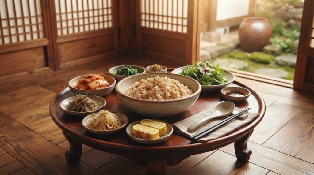 Korean hanok dining table set with rice and traditional side dishes