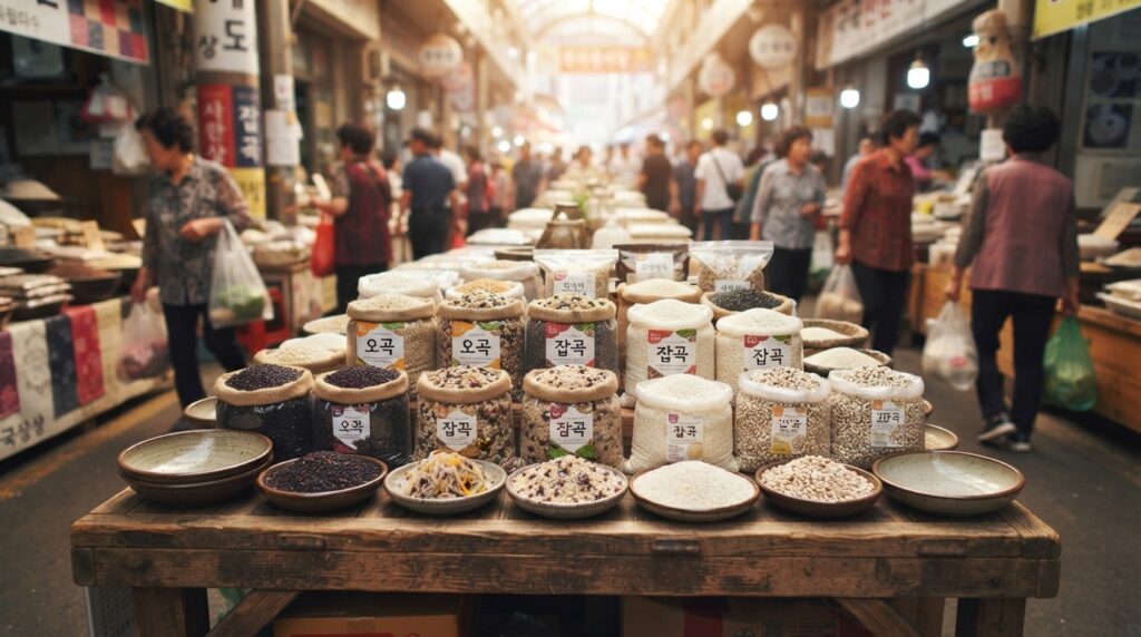 Korean market stall displaying bags of 5 grain rice and assorted grains