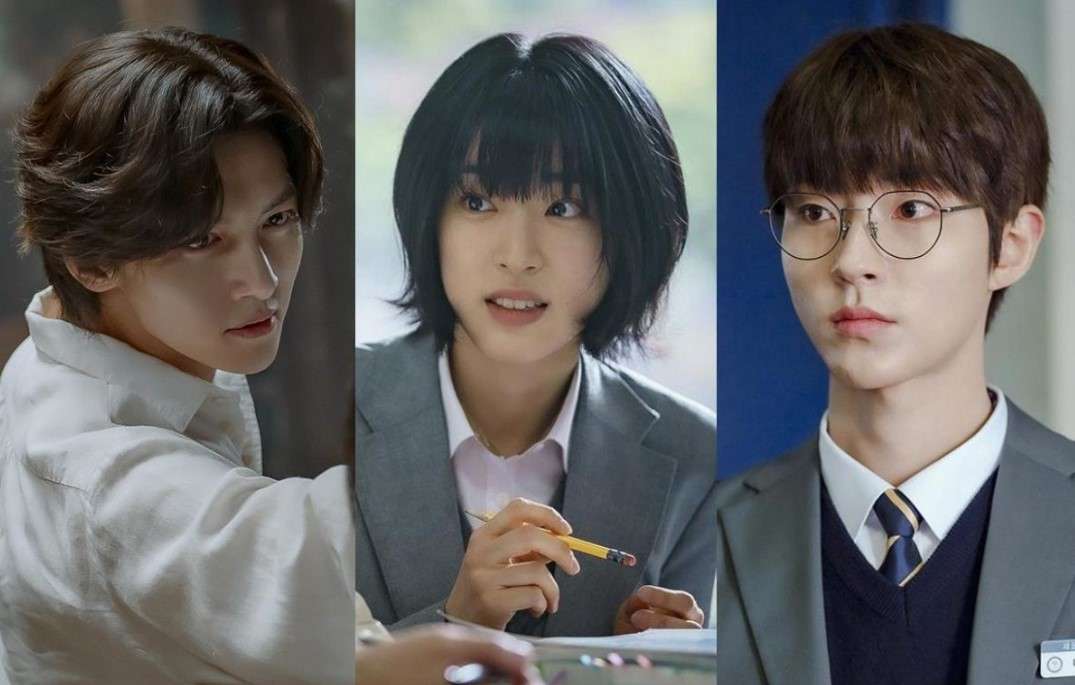 Collage of three characters from "The Sound of Magic," featuring a man in a white shirt, a woman with a pencil in a suit, and a young man in a school uniform with a tie.