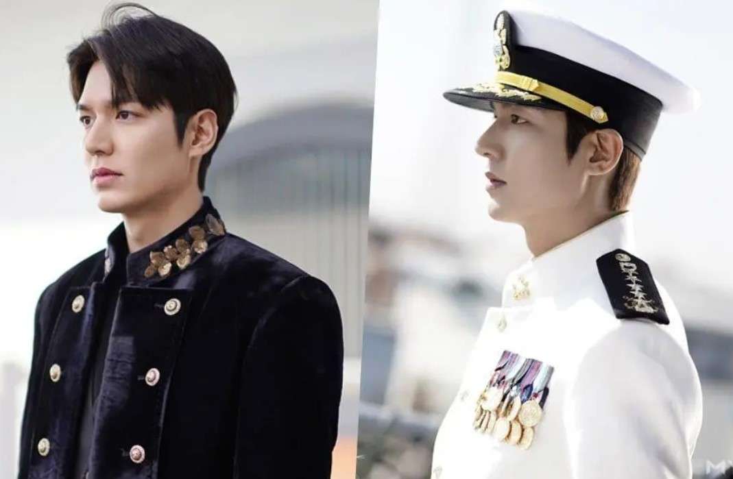 Side-by-side portrait of a man in a formal black velvet jacket with gold buttons and embroidery, and another man in a white naval uniform with medals and a captain's hat, showcasing elegant military attire.