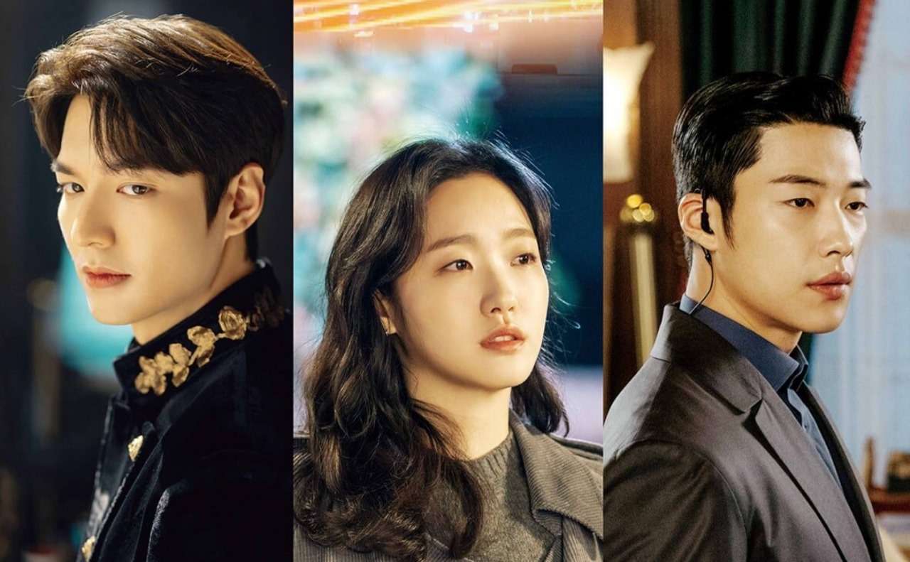 Collage of three characters from "The King: Eternal Monarch" in elegant attire, featuring a man in a royal jacket, a woman in a sweater, and a man in a suit.