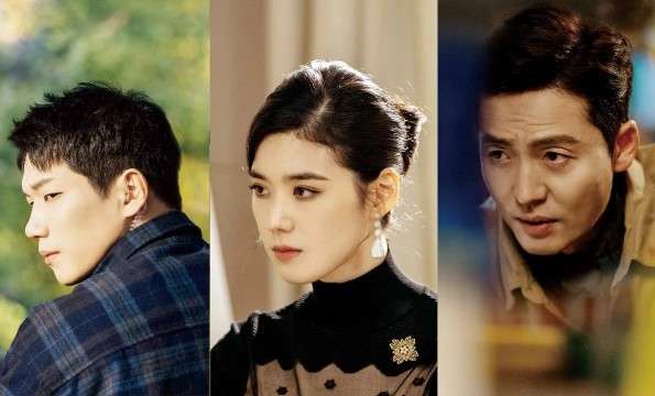 Collage of three characters from "The King: Eternal Monarch" in stylish outfits, featuring a man in a plaid shirt, a woman with a brooch, and a man in a jacket.