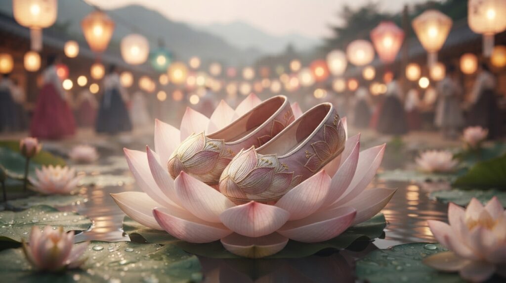 Lotus slippers symbolizing purity and resilience in the Korean Cinderella tale