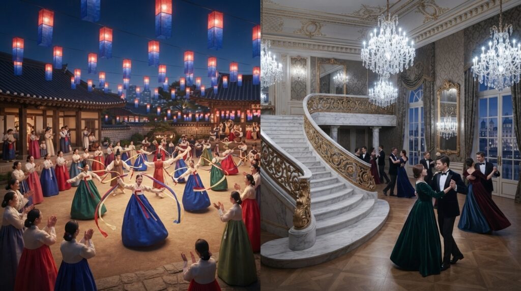 Side-by-side comparison of a Korean festival and a Western fairy-tale ball