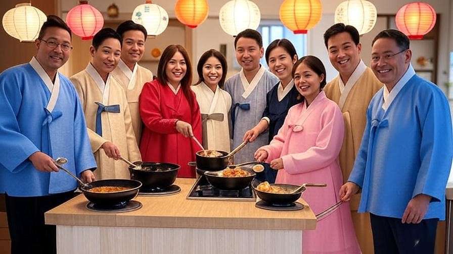 Korean community abroad cooking tteokguk with festive decorations.