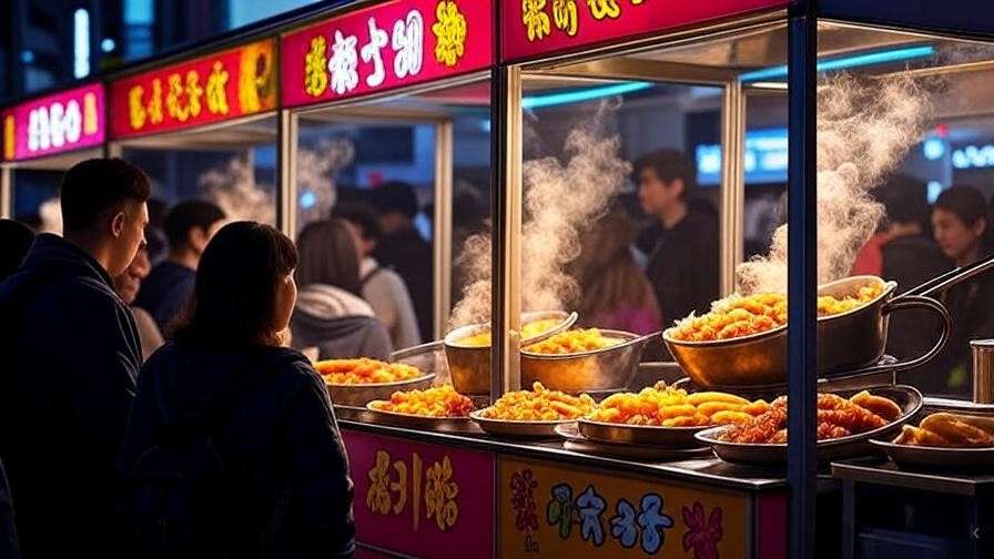 Myeongdong street food market at night with colorful stalls and people enjoying tteokbokki