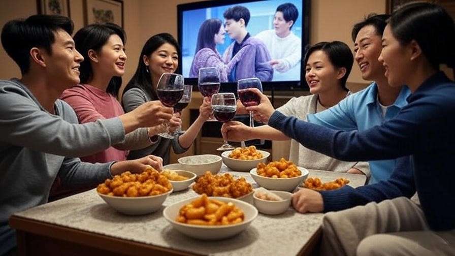 K-drama watch party with friends toasting Korean wine, surrounded by tteokbokki and fried chicken, TV showing a romantic scene.